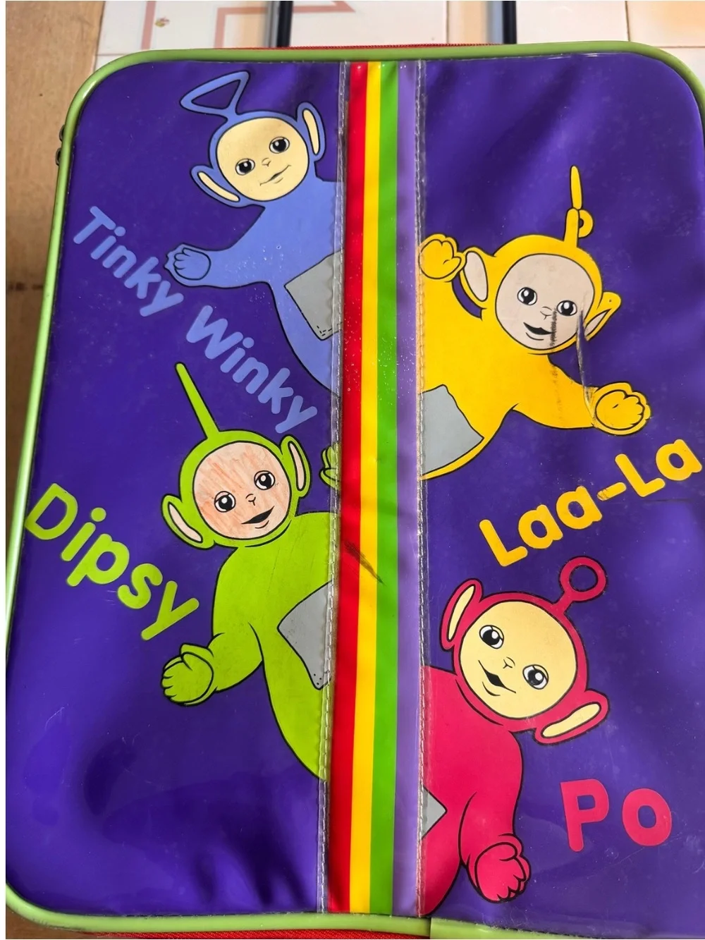 1998 Teletubbies Purple Rolling Kids Luggage - Tinky Winky, Dipsy, Laa-Laa, Po
